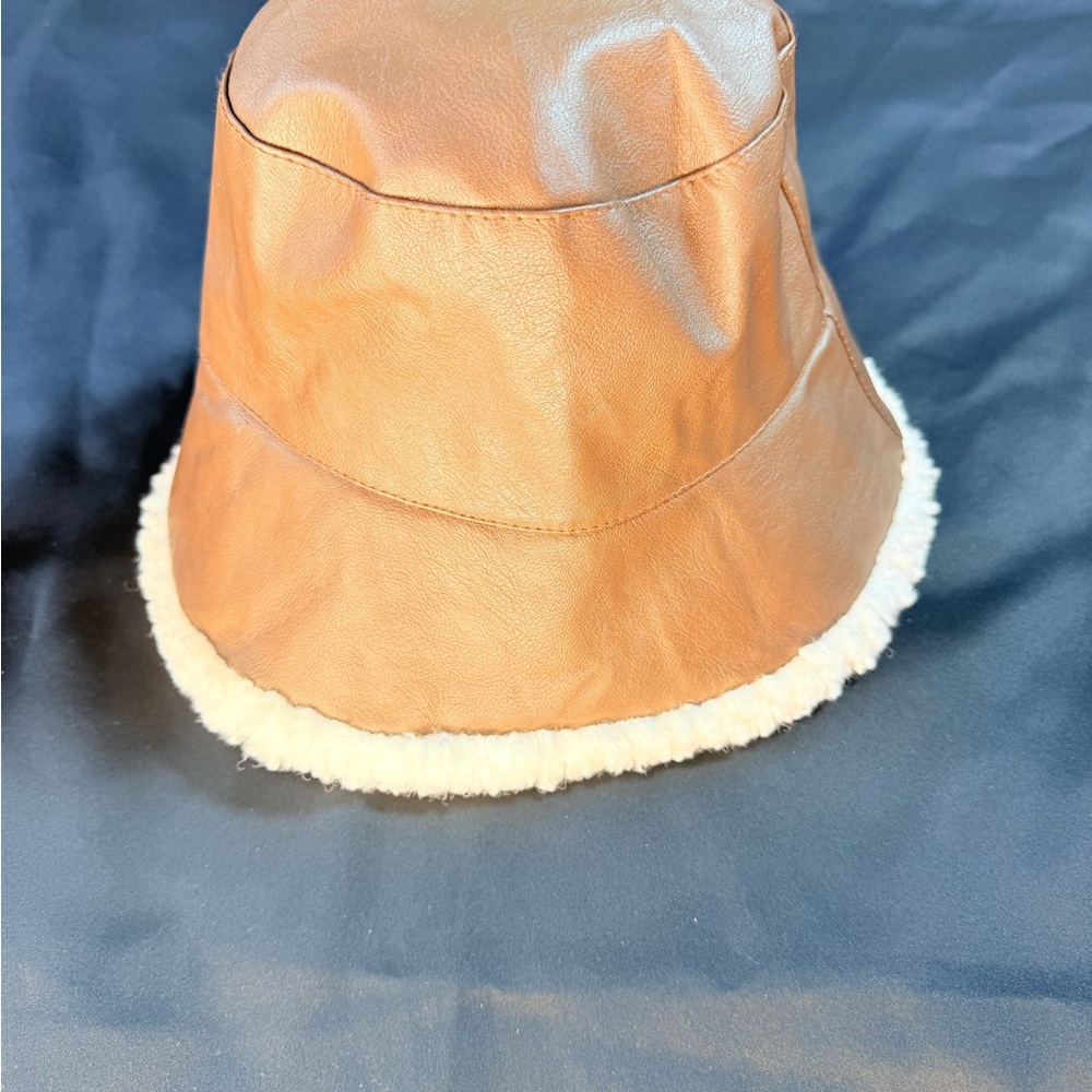 Brown Faux Leather Bucket Hat with Cream Trim brown